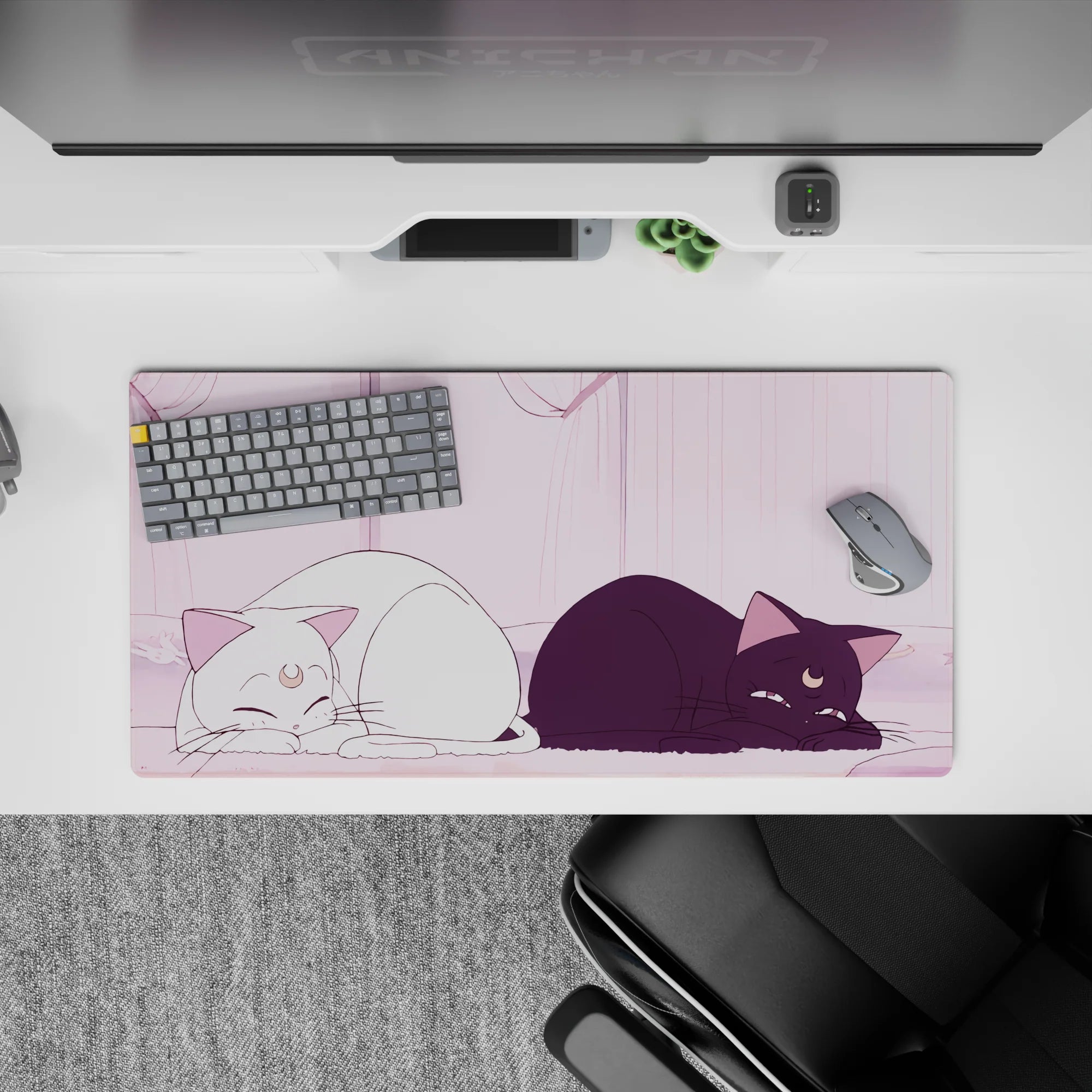 Pastel pink anime mouse pad 32x16 inches, calm cozy morning-light vibe with soft shading.