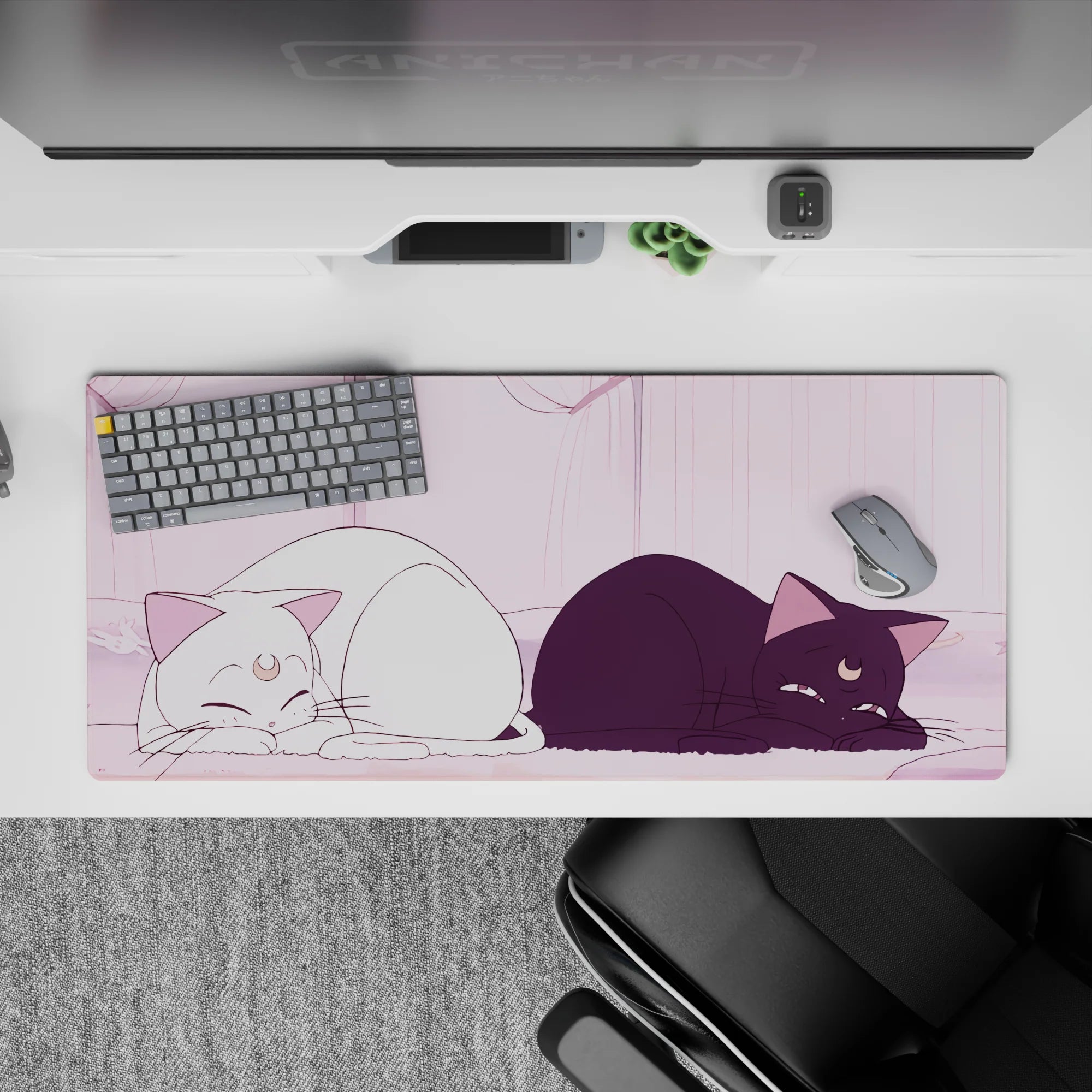 36x16 inches pastel pink anime desk pad, cozy dreamy morning light vibe with gentle shading.