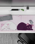 36x16 inches pastel pink anime desk pad, cozy dreamy morning light vibe with gentle shading.