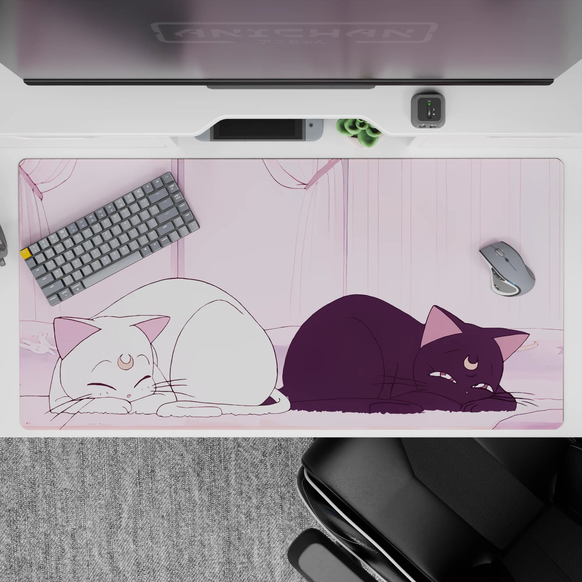 Pastel pink anime desk pad 40x20 inches, cozy dreamy vibe with soft shading and warm morning light.