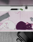 Pastel pink anime desk pad 40x20 inches, cozy dreamy vibe with soft shading and warm morning light.