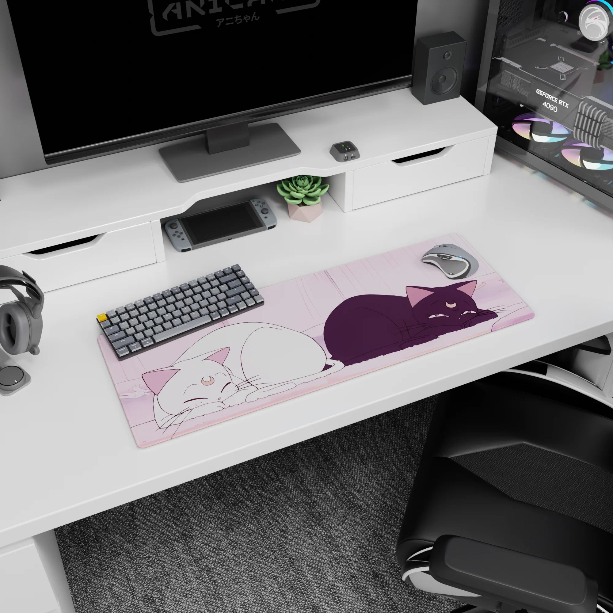 32x12 inches anime mouse pad showing a white smiling cat curled up beside a grumpy black cat, half-lidded eyes.