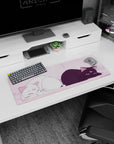 32x12 inches anime mouse pad showing a white smiling cat curled up beside a grumpy black cat, half-lidded eyes.