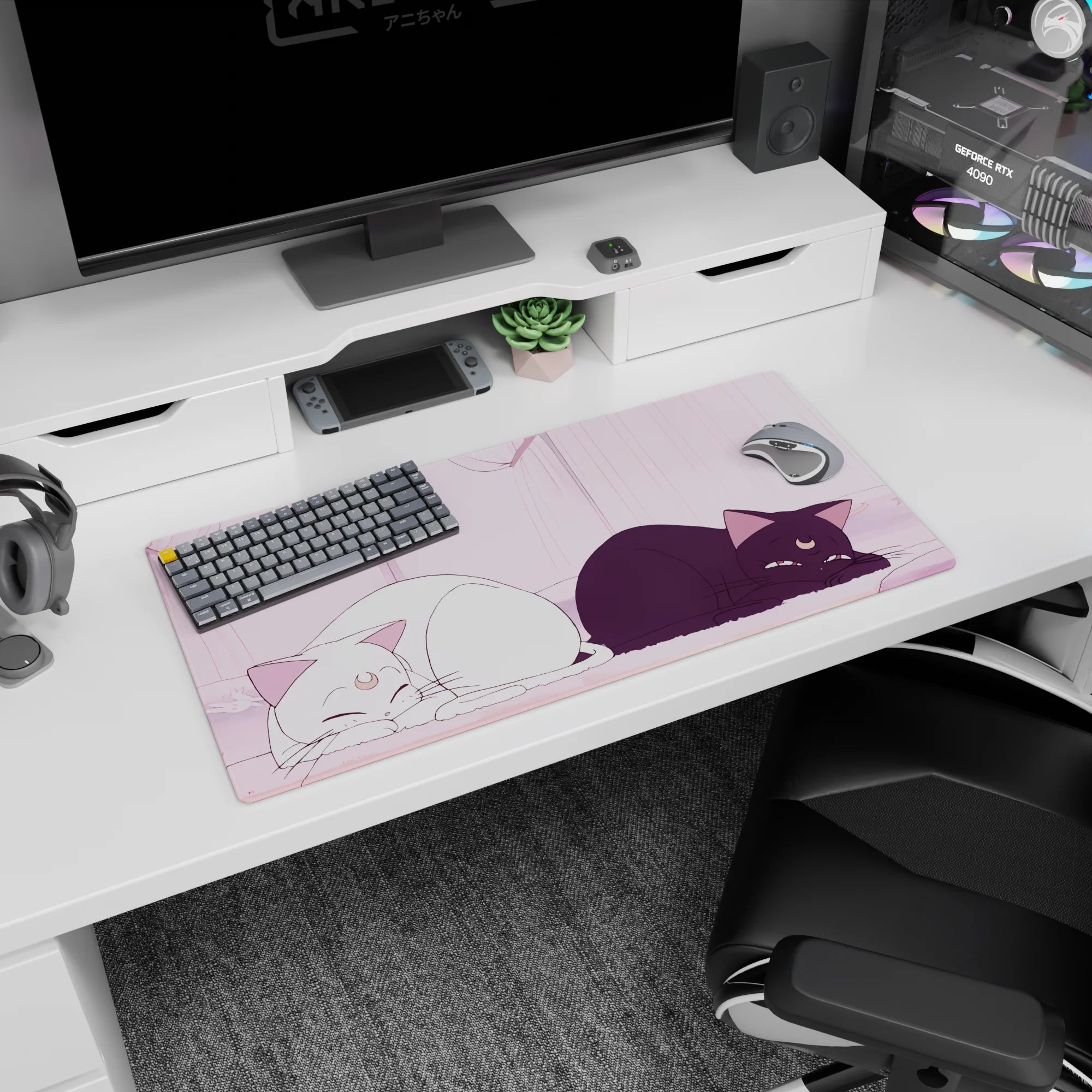32x16 inches anime mouse pad showing a white smiling cat and grumpy black cat lounging together.