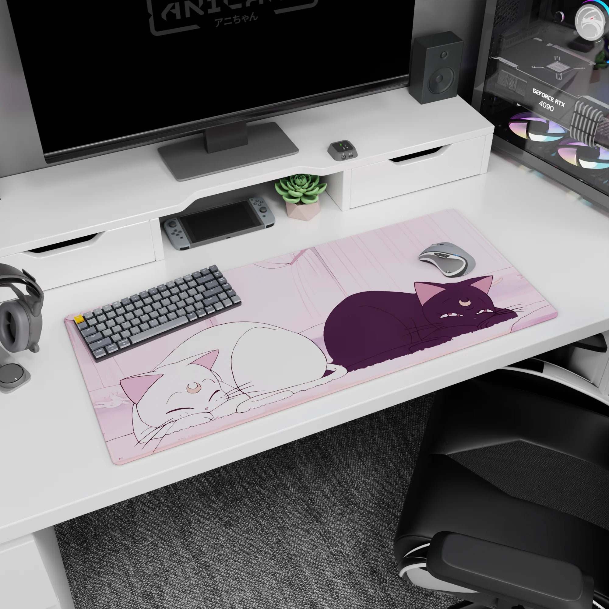 36x16 inches anime desk pad showing a white smiling cat and grumpy black cat stretched out together.