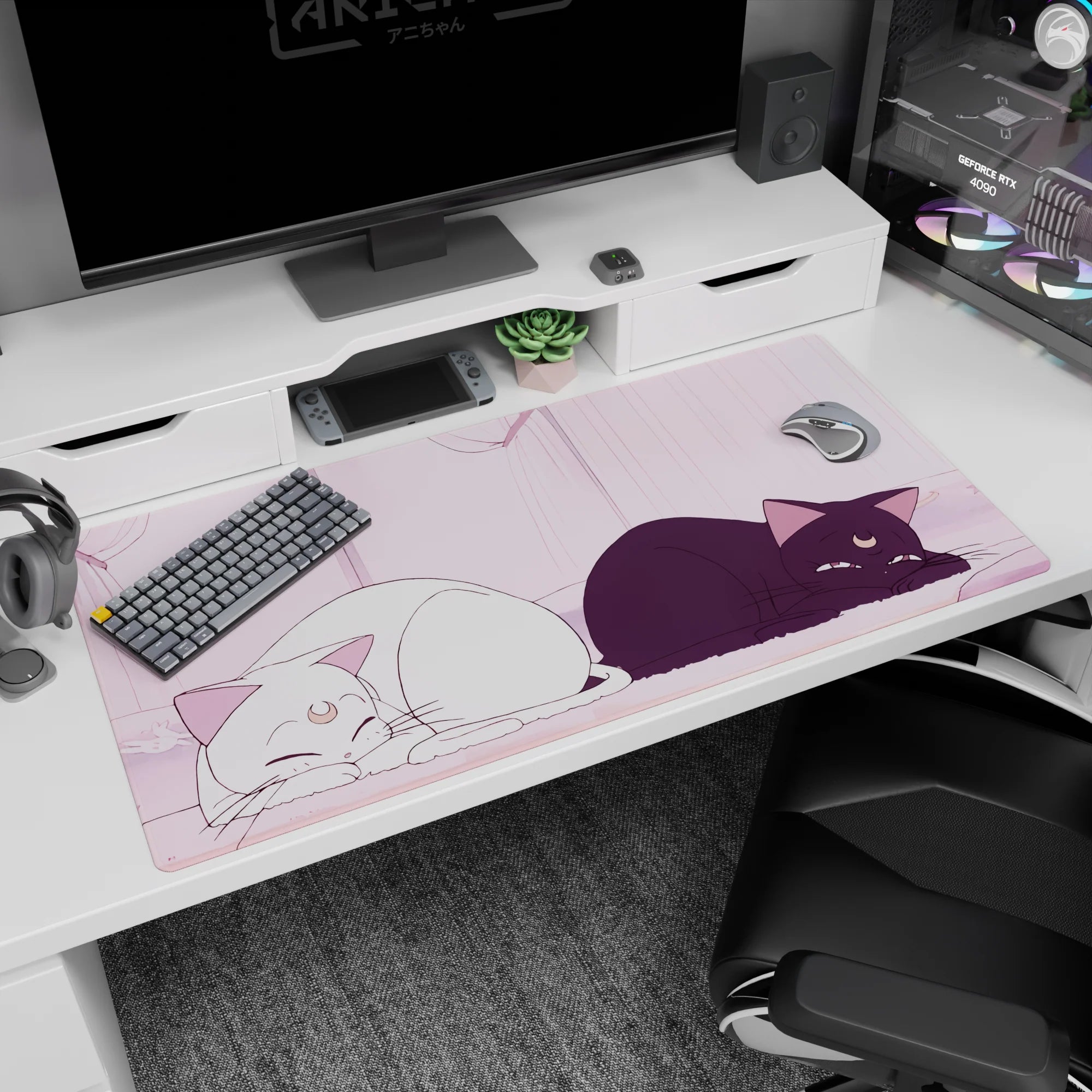 40x20 inches anime desk pad showing a white smiling cat and grumpy black cat stretched out together.