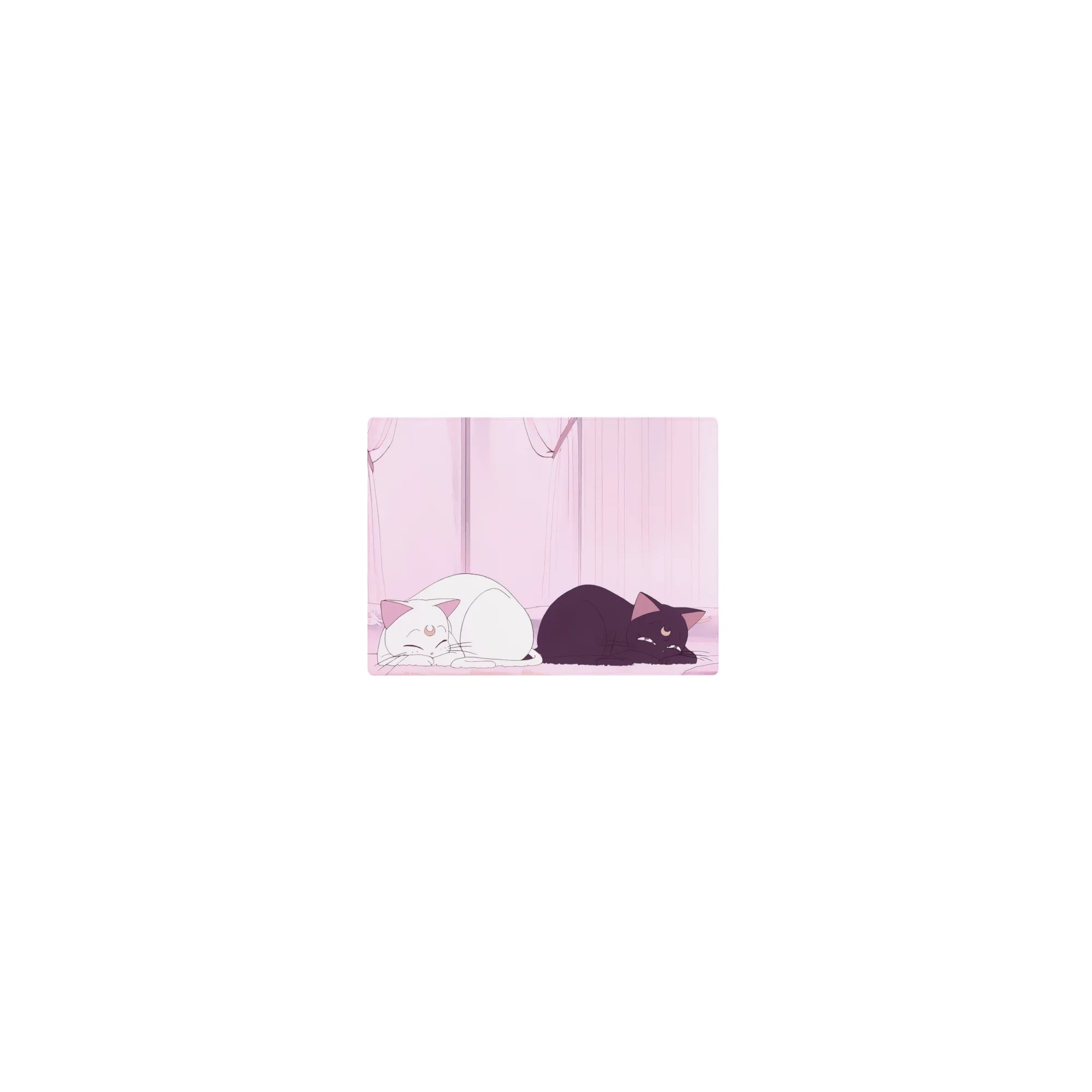 Classic anime mouse pad 14x10 inches with two moon-marked cats in a soft pink room and glowing curtains.