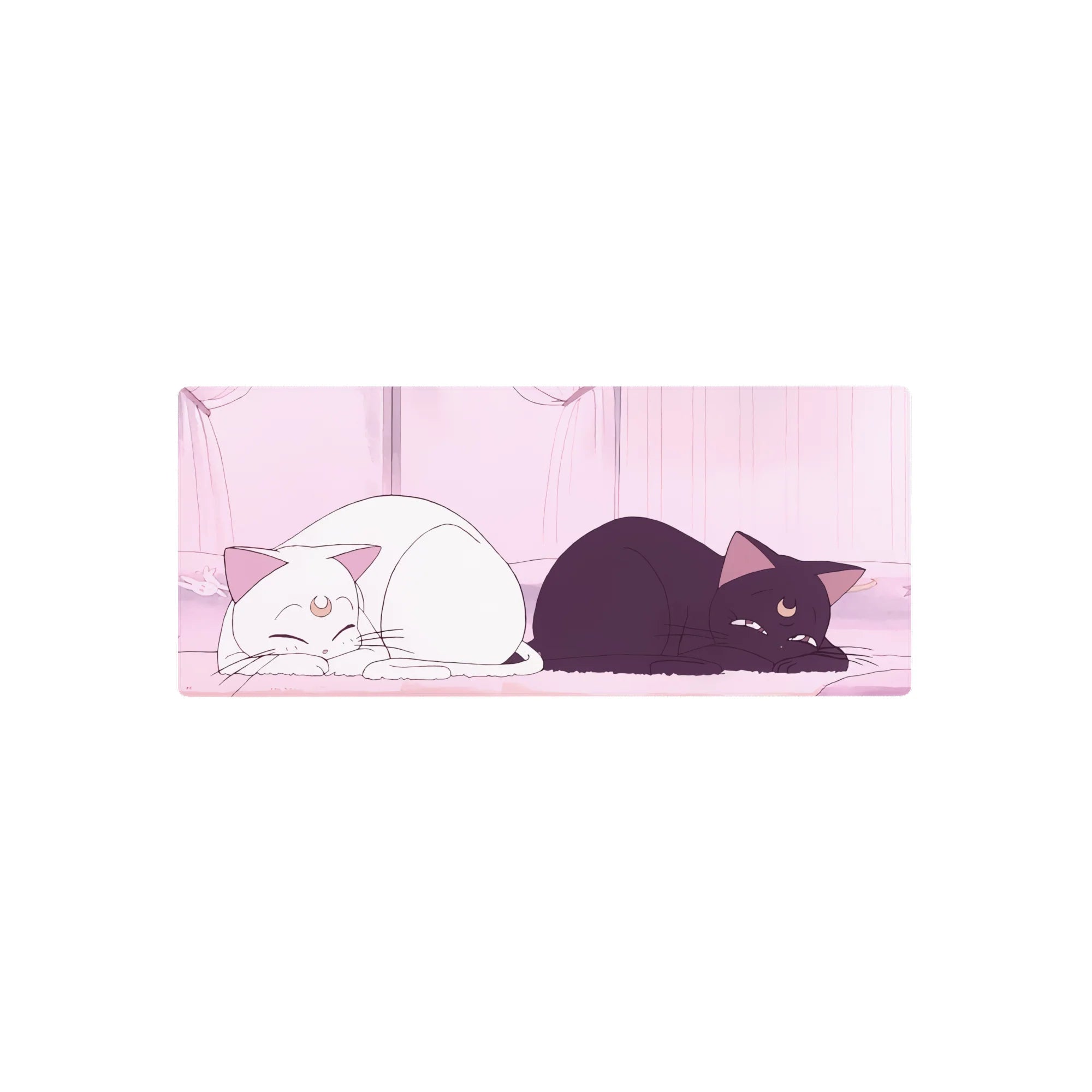 28x12 inches anime mouse pad with two moon-marked cats lounging in a soft pink room and glowing curtains.