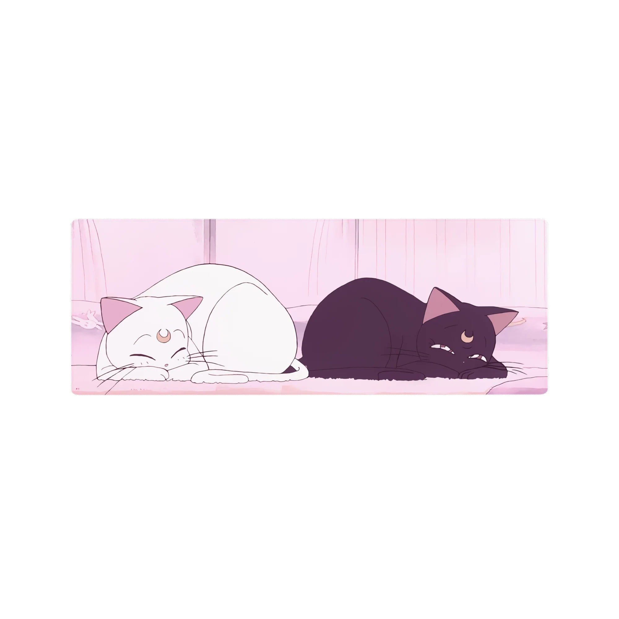 Anime mouse pad 32x12 inches with two moon-marked cats lounging in a soft pink room and glowing curtains.