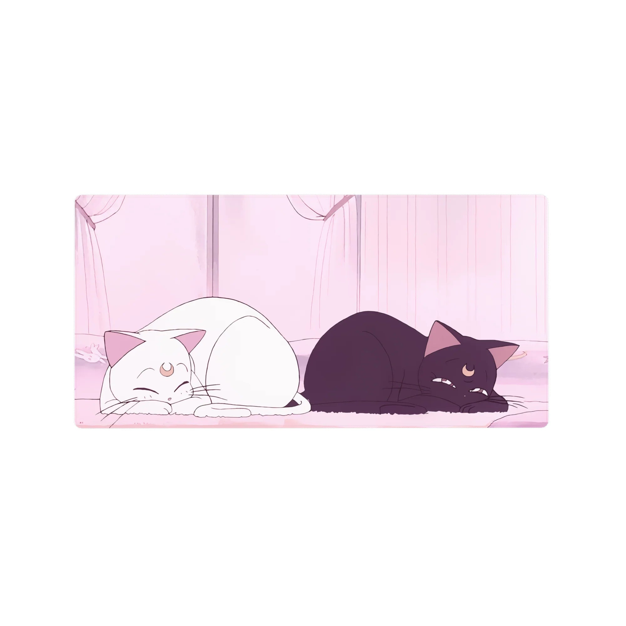 Anime mouse pad 32x16 inches with two moon-marked cats in a pink room with glowing curtains.