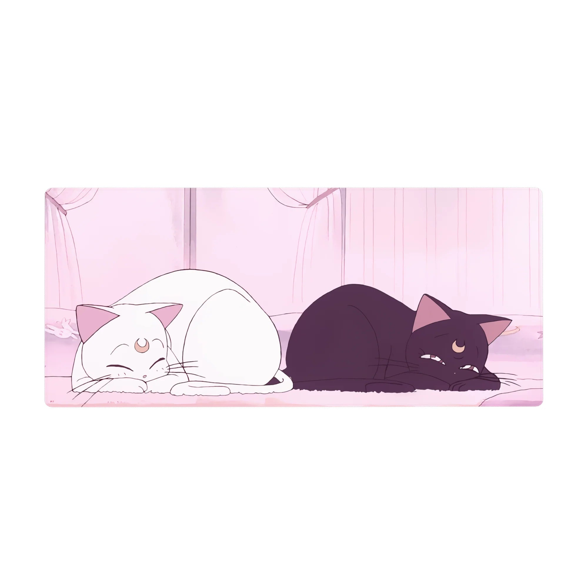 36x16 inches anime desk pad with two moon-marked cats lounging in a soft pink room with curtains.
