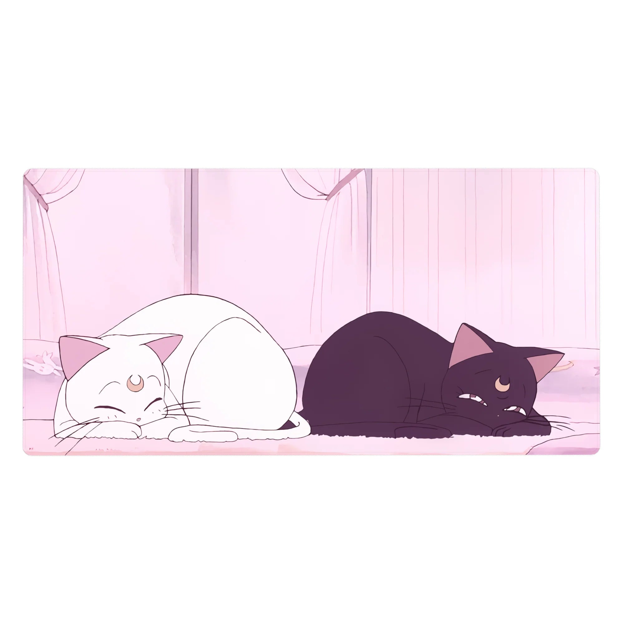 Anime desk pad 40x20 inches with two moon-marked cats lounging in a pink room by glowing curtains.