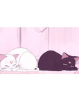Anime desk pad 40x20 inches with two moon-marked cats lounging in a pink room by glowing curtains.