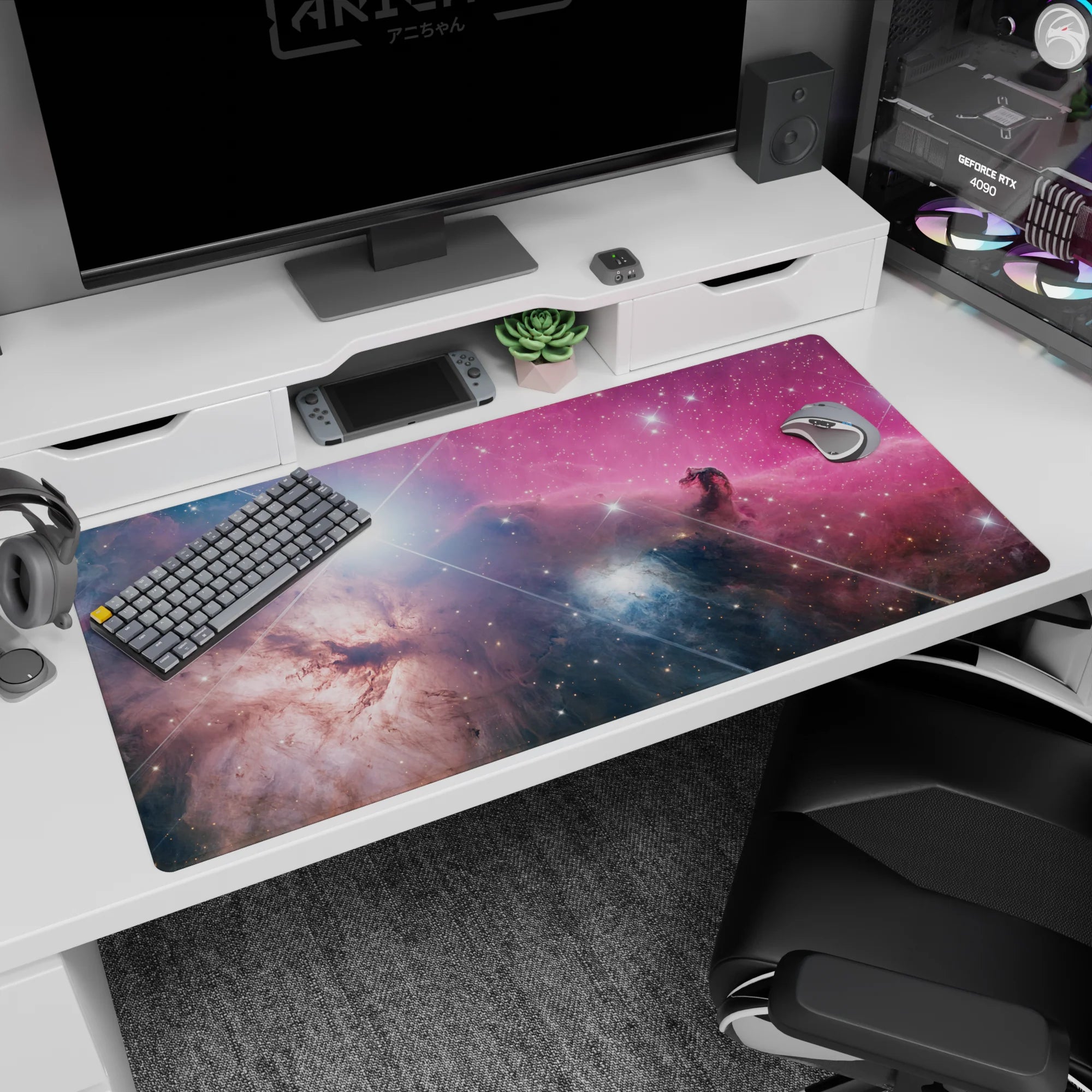 Starry nebula scene desk pad 40x20 inches featuring misty clouds and bright pinprick stars.