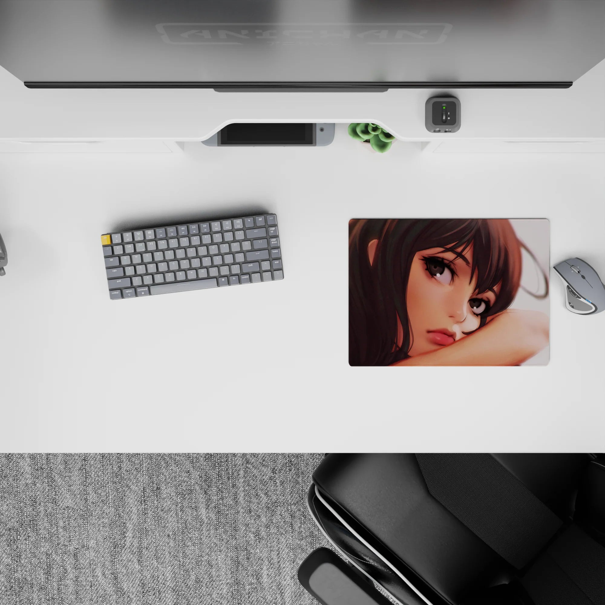 Moody sunset-lit anime girl mouse pad 14x10 inches in warm browns, greys, and glossy lip tones.