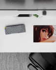 Moody sunset-lit anime girl mouse pad 14x10 inches in warm browns, greys, and glossy lip tones.