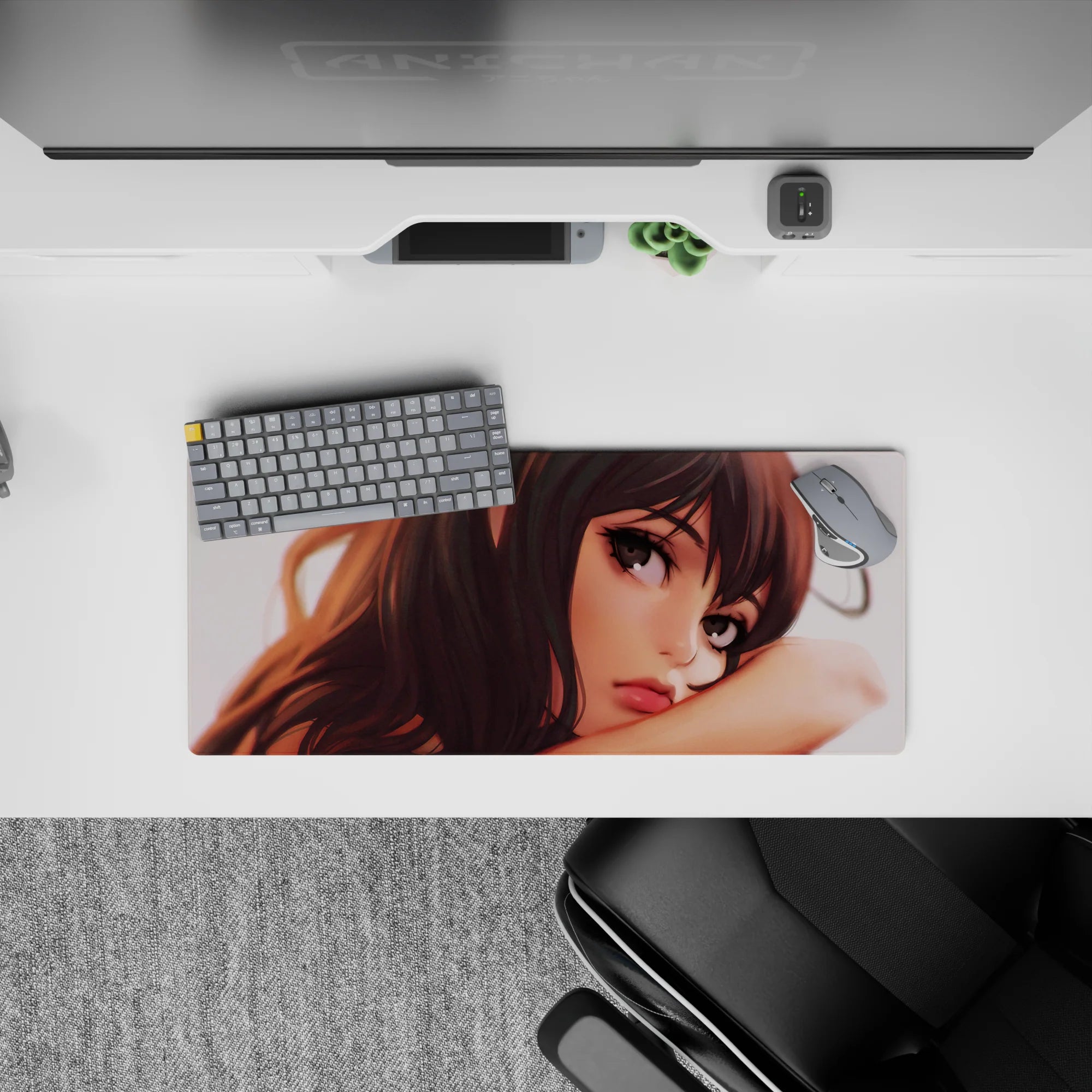 Moody sunset anime girl mouse pad 28x12 inches in warm amber light with deep chestnut tones and cozy vibe.
