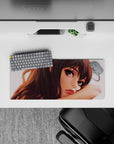 Moody sunset anime girl mouse pad 28x12 inches in warm amber light with deep chestnut tones and cozy vibe.