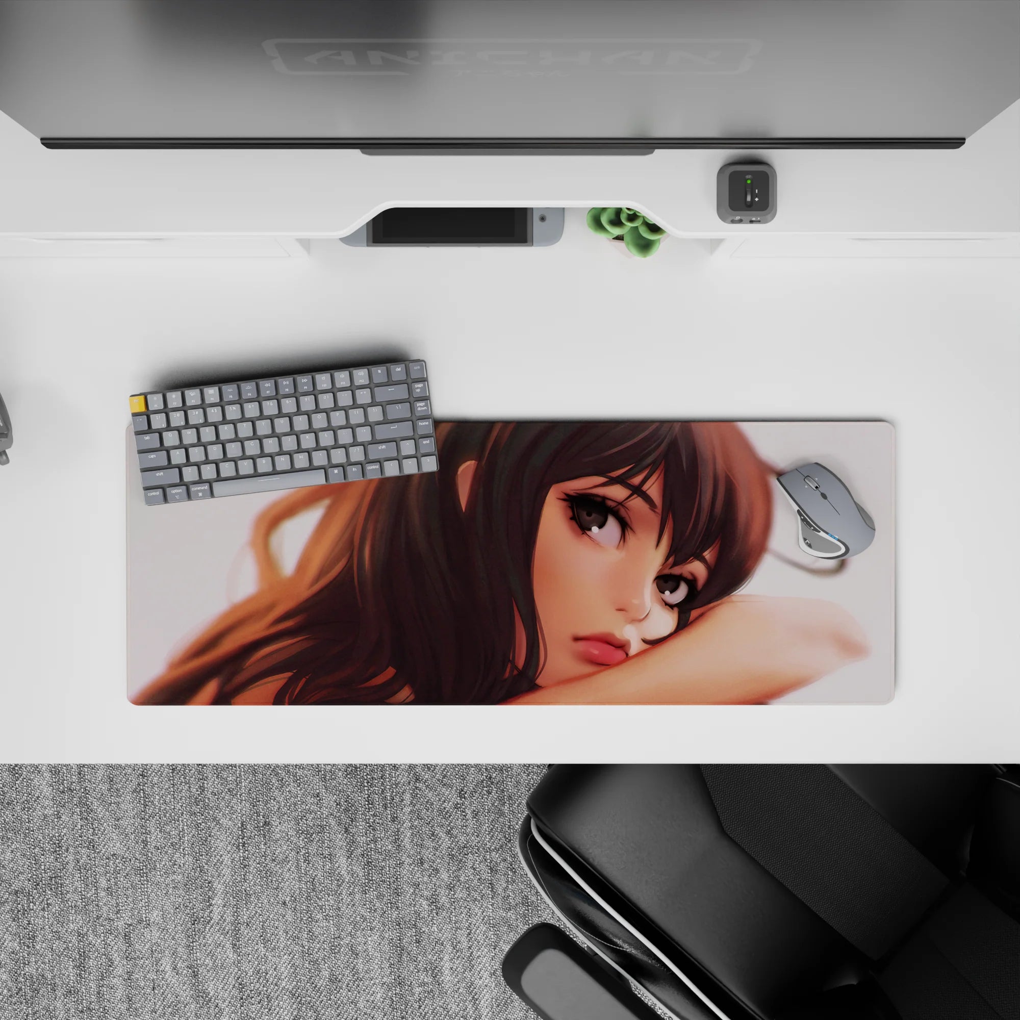 Moody sunset anime girl mouse pad 32x12 inches in warm chestnut tones with cozy late-night vibe.