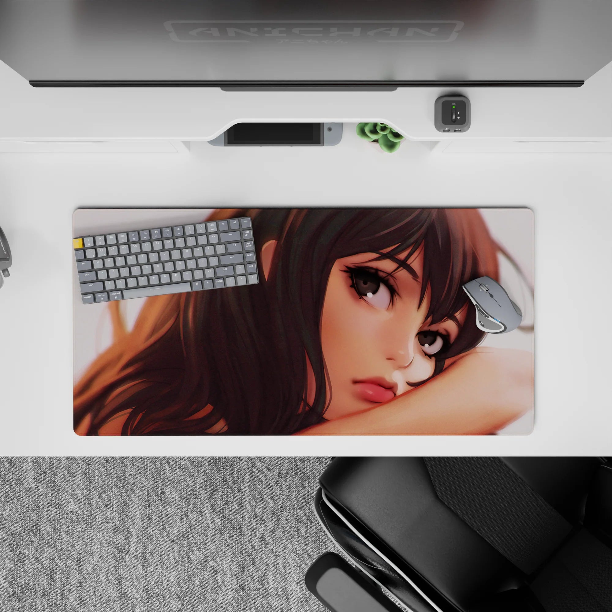 Moody sunset-lit anime girl mouse pad 32x16 inches in warm browns and greys, cozy late-night vibe.