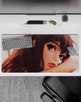 Moody sunset-lit anime girl mouse pad 32x16 inches in warm browns and greys, cozy late-night vibe.