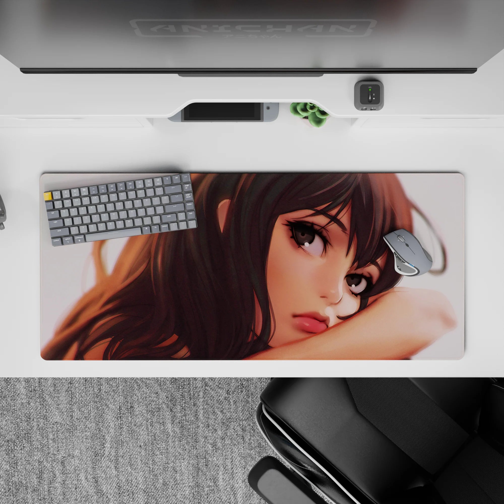 Moody warm sunset anime desk pad 36x16 inches in chestnut browns and soft grey-brown tones, cozy vibe.