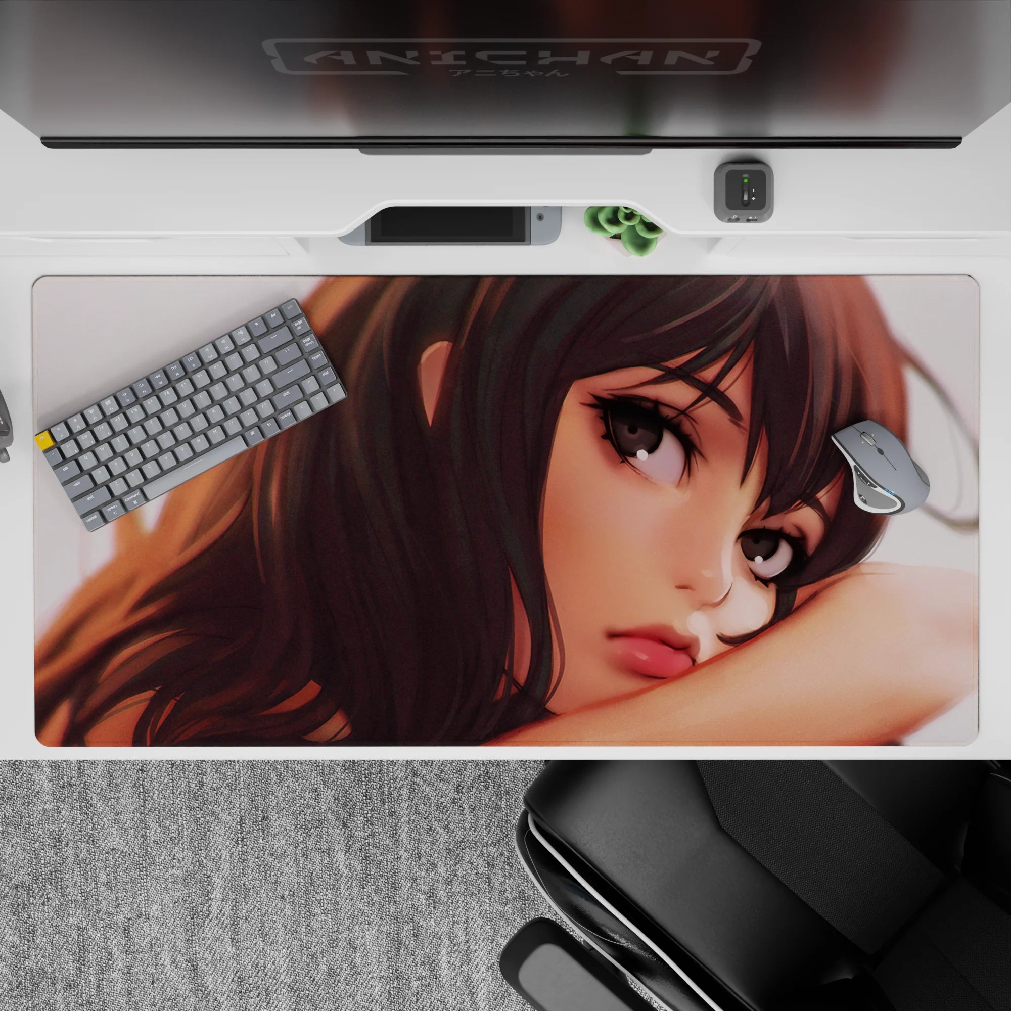 Moody sunset-lit anime desk pad 40x20 inches in warm amber tones, soft shadows, and cozy late-night vibe.