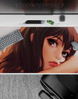 Moody sunset-lit anime desk pad 40x20 inches in warm amber tones, soft shadows, and cozy late-night vibe.