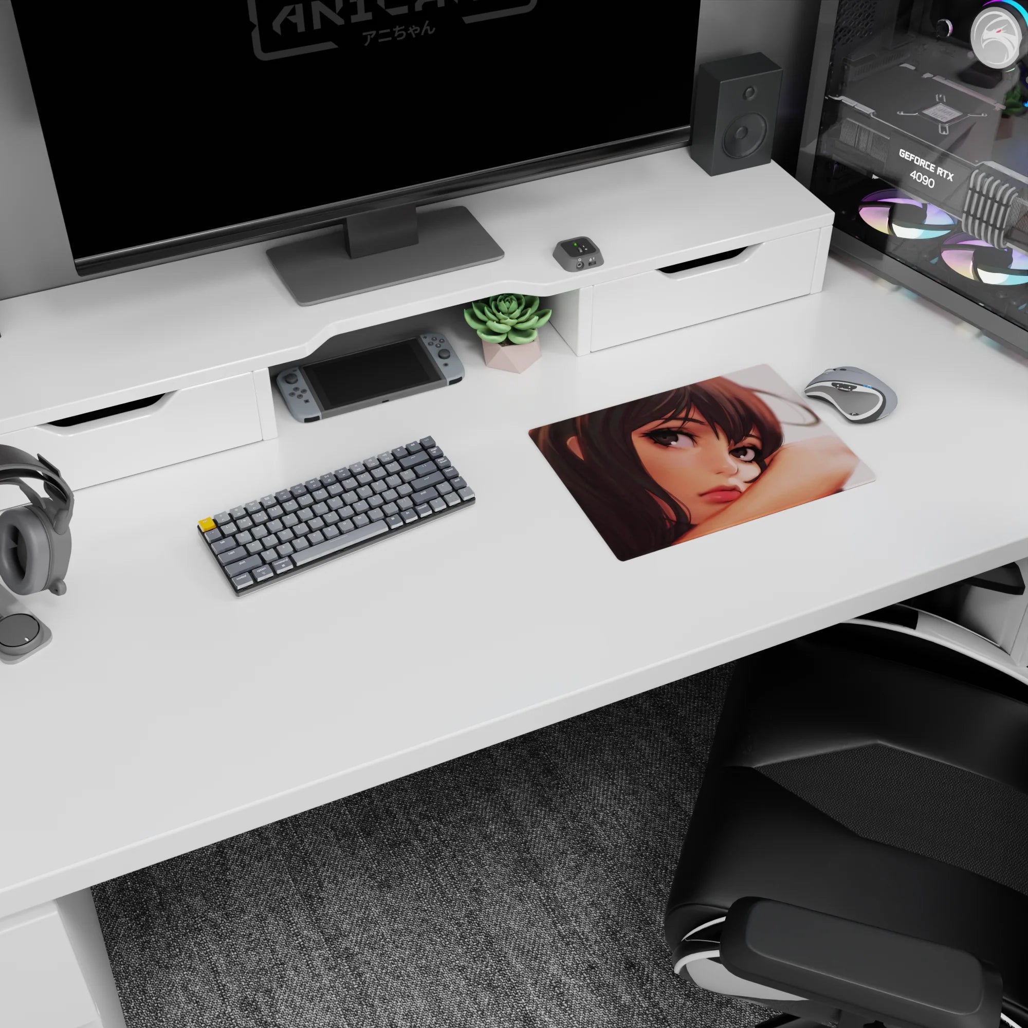 Close-up anime girl resting on her arm on a 14x10 inches mouse pad, loose hair strands and calm eyes.