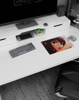 Close-up anime girl resting on her arm on a 14x10 inches mouse pad, loose hair strands and calm eyes.