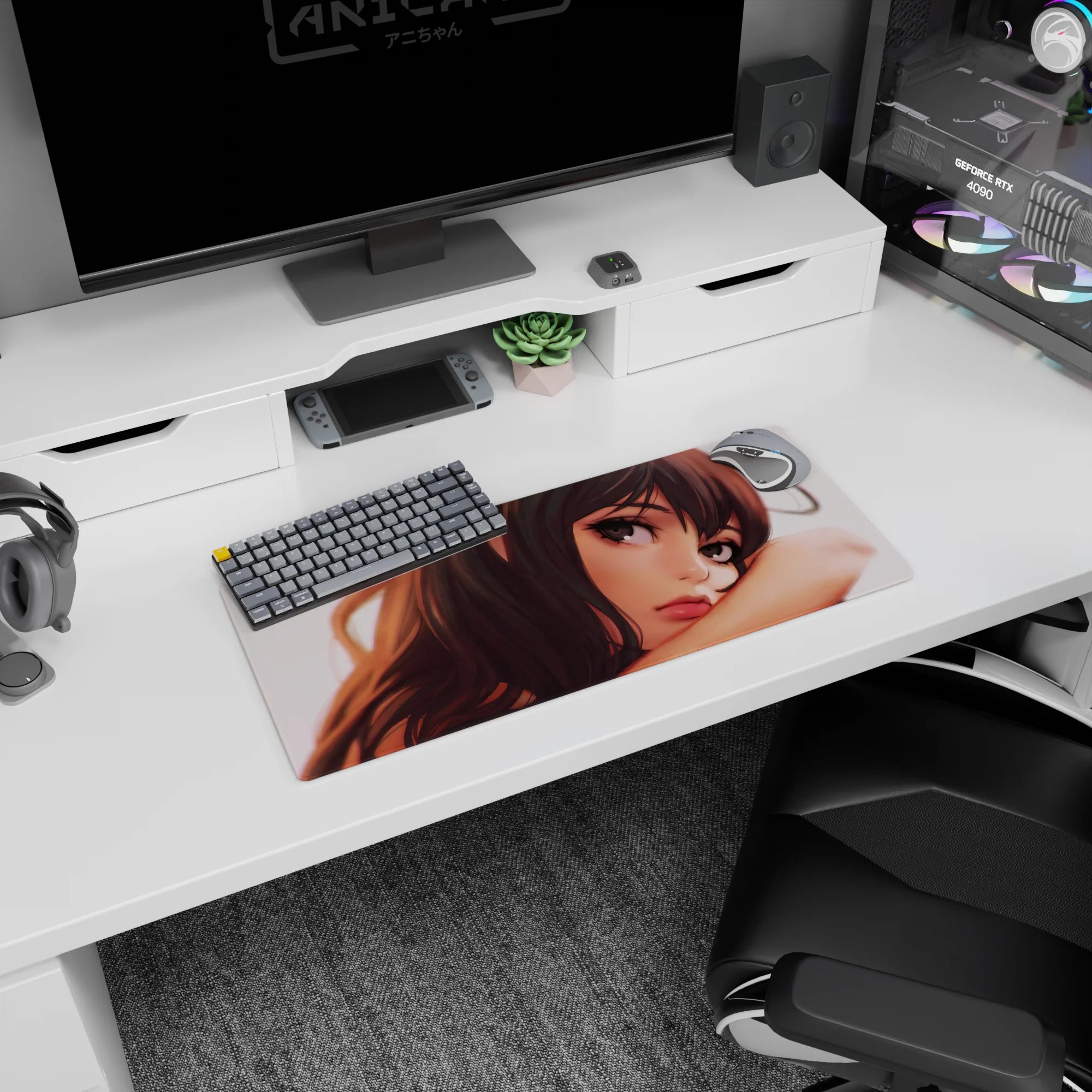 Close-up anime girl leaning on her arm on a 28x12 inches mouse pad, glossy lips and drifting hair strands.