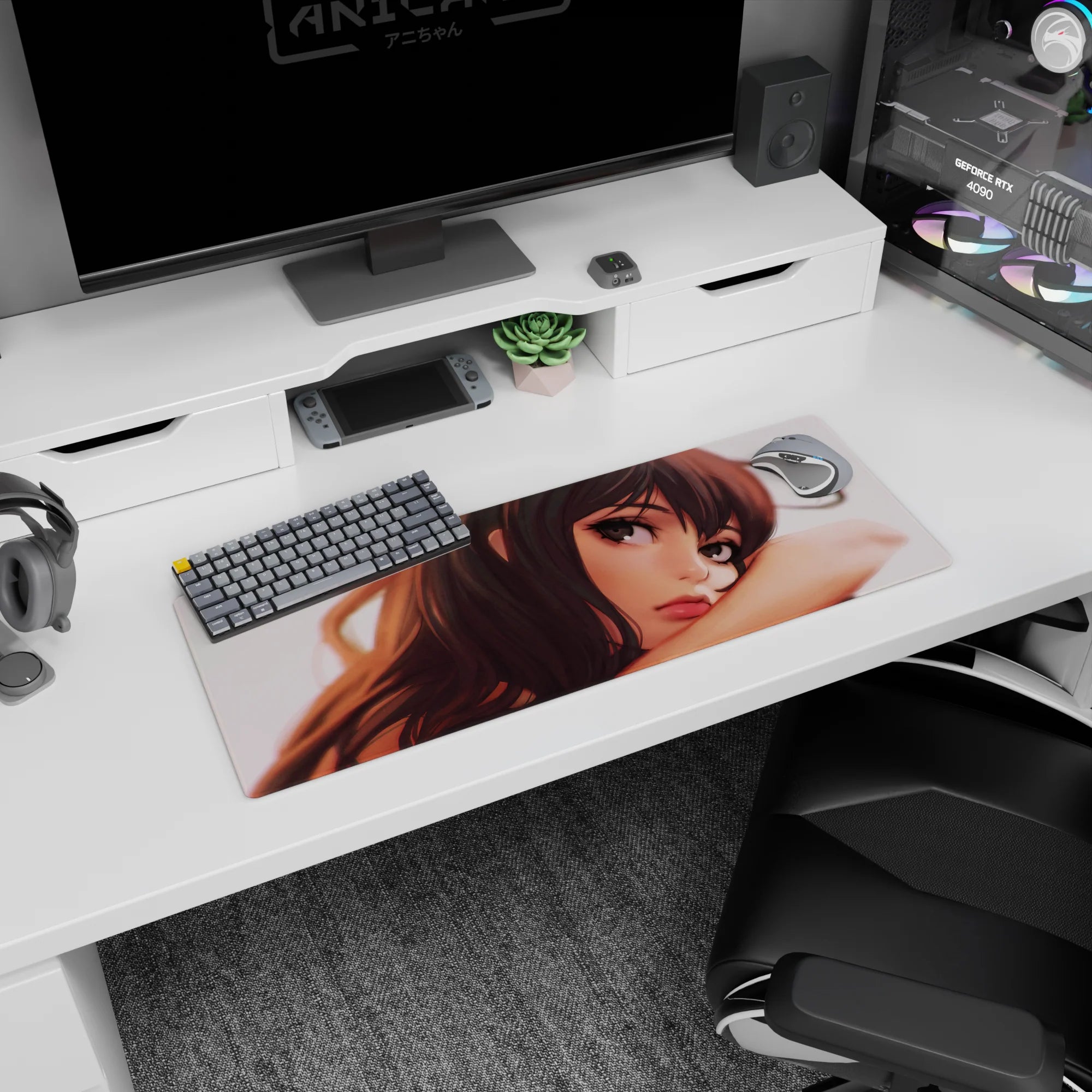 Relaxed anime girl leaning on her arm mouse pad 32x12 inches, grey-brown eyes and glossy lips.