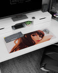 Relaxed anime girl leaning on her arm mouse pad 32x12 inches, grey-brown eyes and glossy lips.