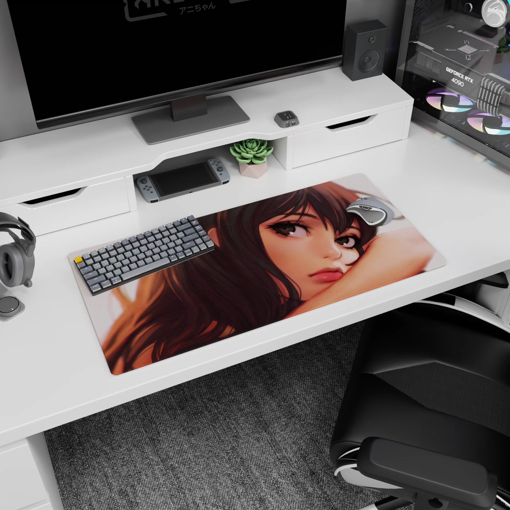 Anime girl leaning on her arm mouse pad 32x16 inches, grey-brown eyes, glossy lips, windblown hair.
