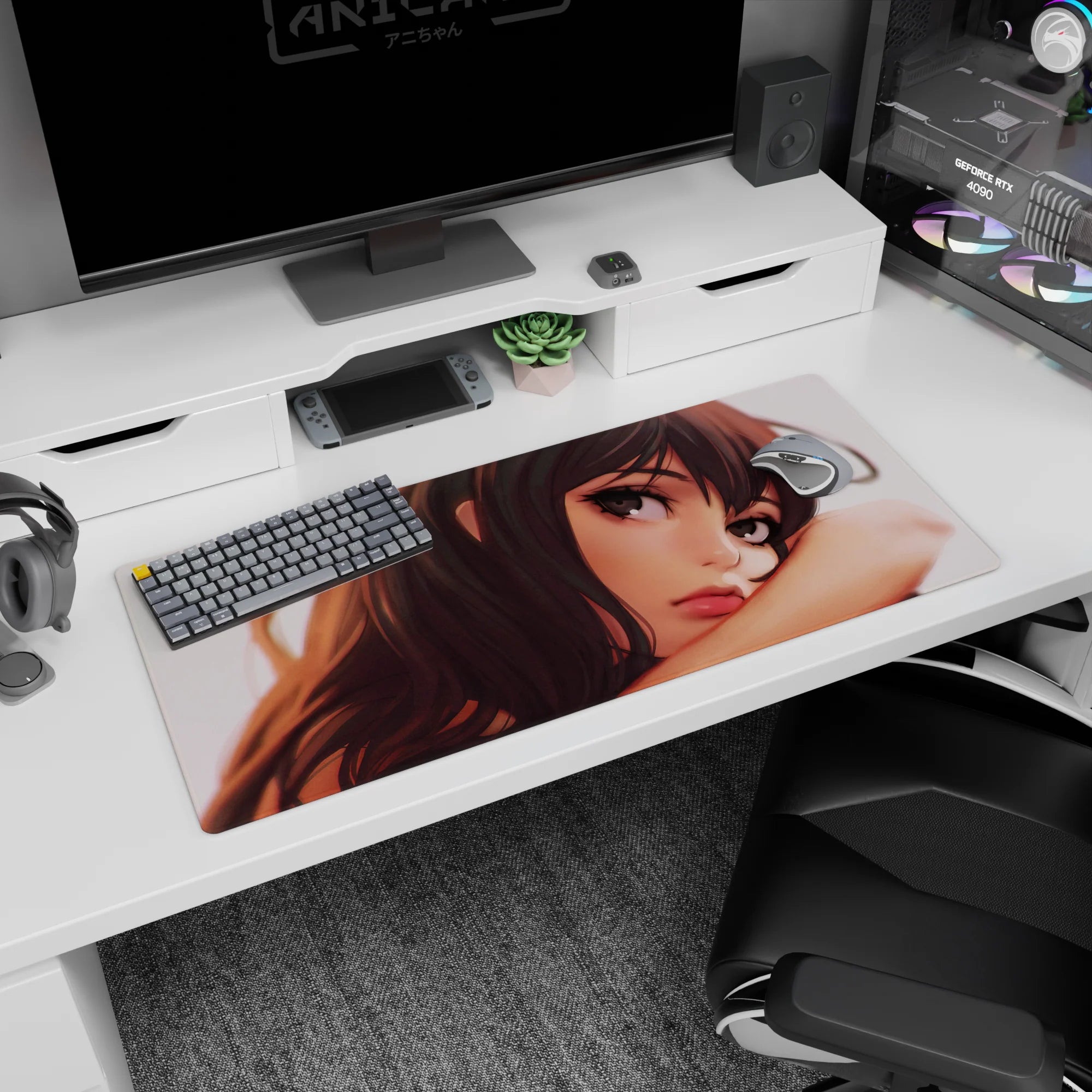Relaxed anime girl leaning on her arm desk pad 36x16 inches, grey-brown eyes, loose hair strands, close-up.