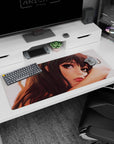 Relaxed anime girl leaning on her arm desk pad 36x16 inches, grey-brown eyes, loose hair strands, close-up.