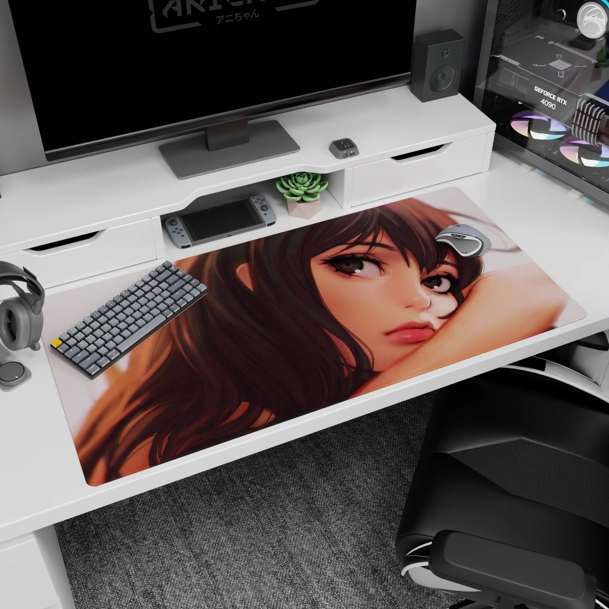 Close-up anime girl resting on her arm desk pad 40x20 inches, glossy lips and drifting hair strands.
