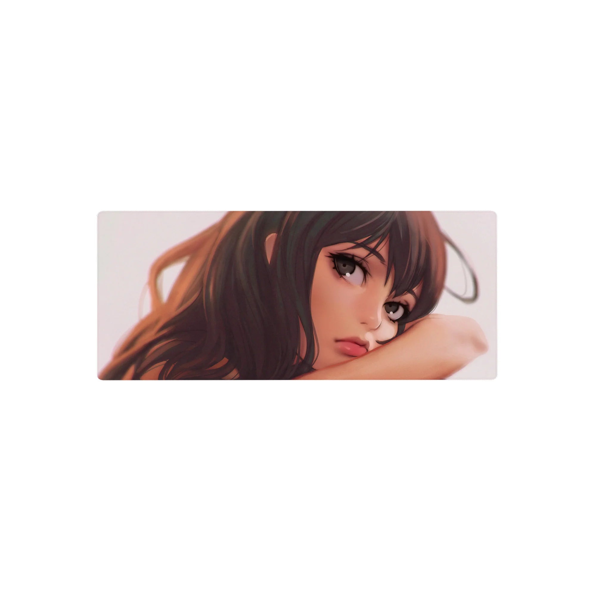 Anime girl mouse pad 28x12 inches with close-up portrait, chestnut hair, grey-brown eyes, smooth gradient backdrop.