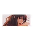 Anime girl mouse pad 28x12 inches with close-up portrait, chestnut hair, grey-brown eyes, smooth gradient backdrop.