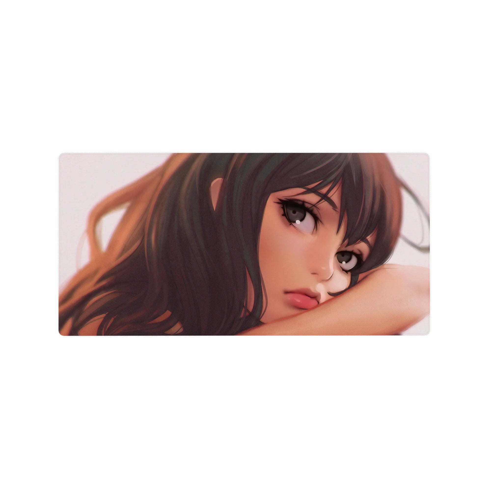 Anime girl close-up desk mouse pad 32x16 inches with chestnut hair, soft gradient backdrop.