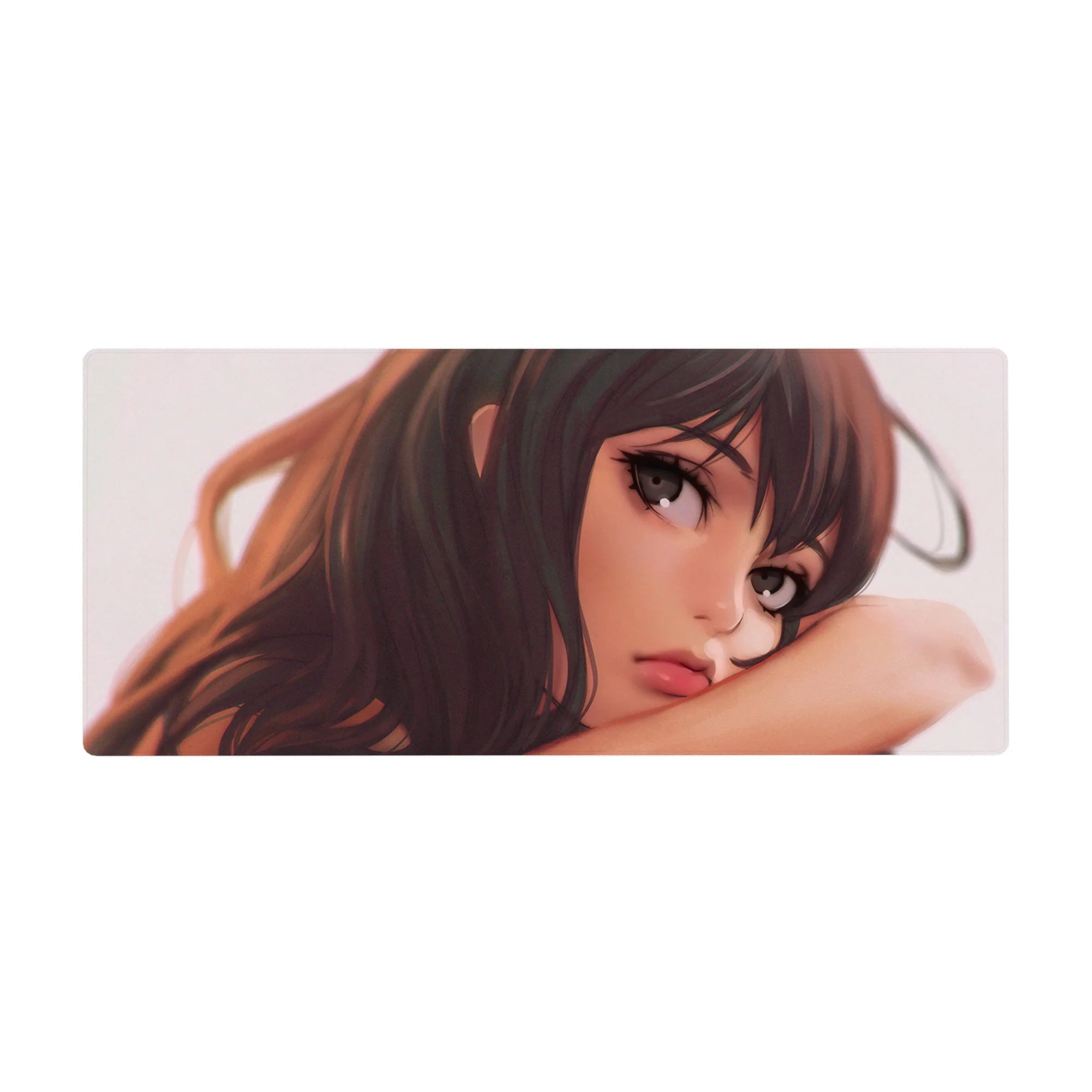 Anime girl close-up desk pad 36x16 inches with sunset-lit chestnut hair, glossy lips, smooth gradient.