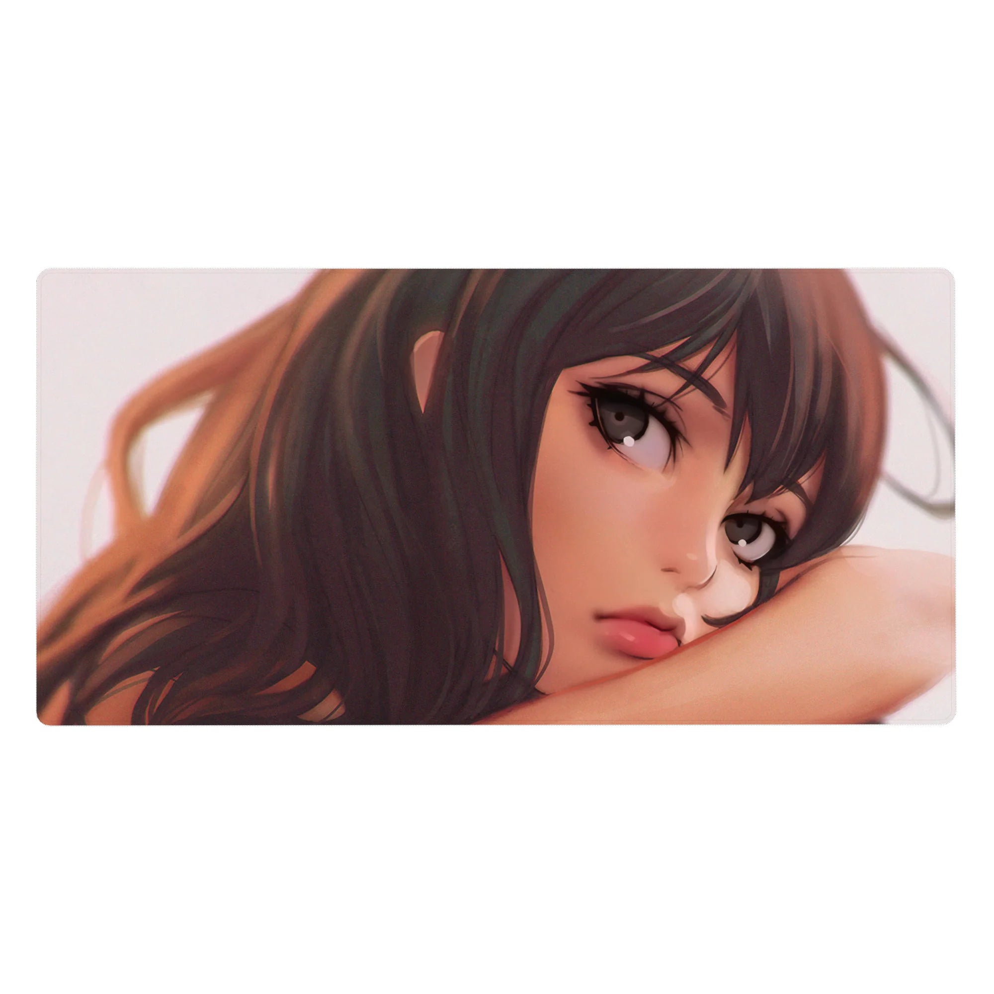 Anime girl close-up desk pad 40x20 inches with chestnut hair, grey-brown eyes, and gradient background.