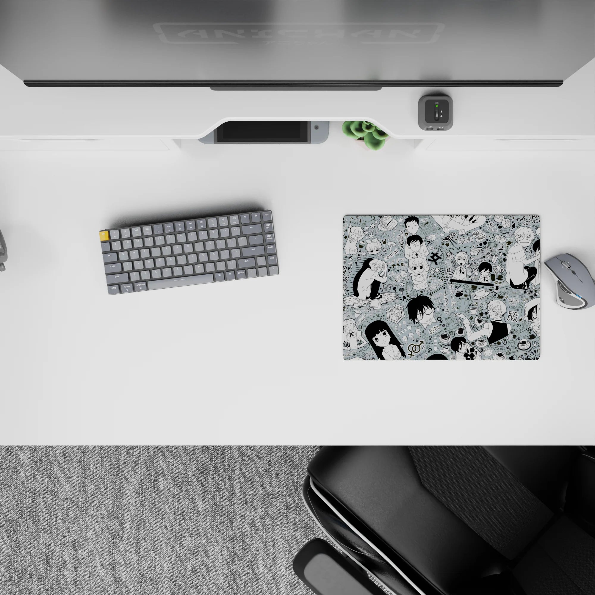 Mint gray background with crisp black line art, chaotic-cute café comedy anime mouse pad, 14x10 inches.