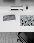 Mint gray background with crisp black line art, chaotic-cute café comedy anime mouse pad, 14x10 inches.