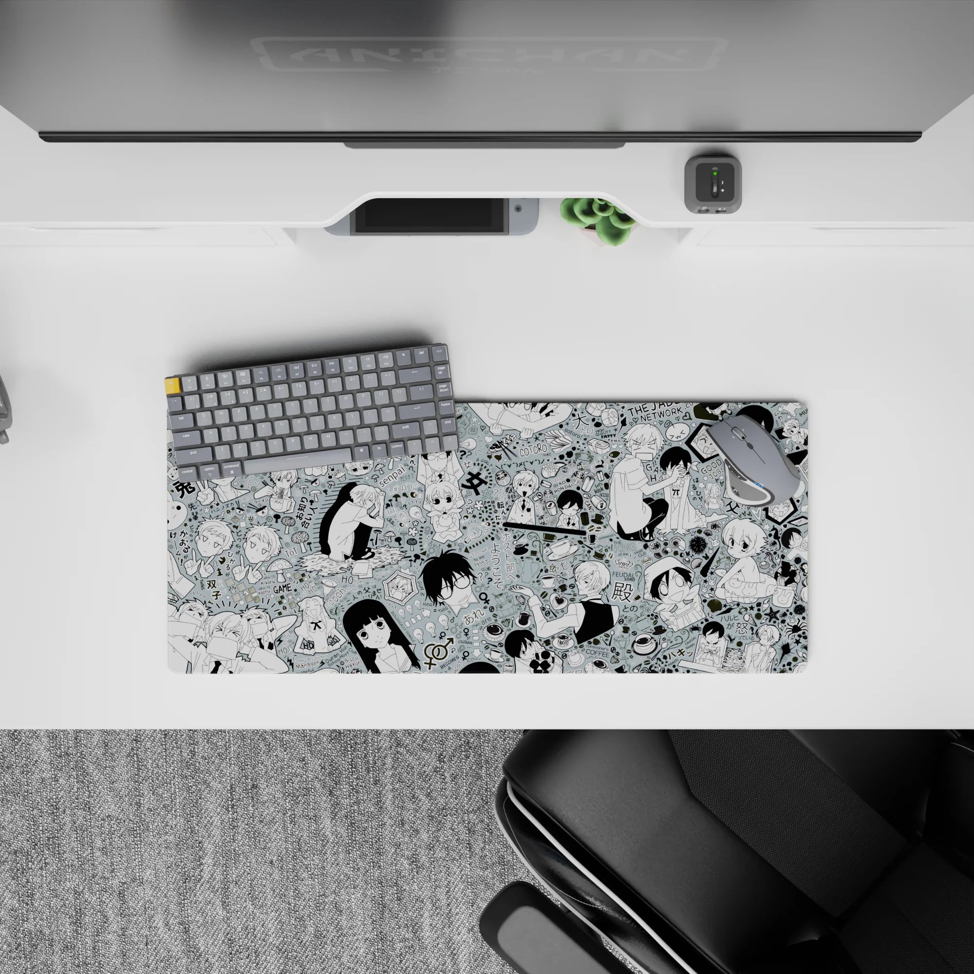 28x12 inches mint gray anime mouse pad with crisp black line art, chaotic-cute café comedy vibe.