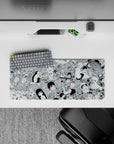 28x12 inches mint gray anime mouse pad with crisp black line art, chaotic-cute café comedy vibe.