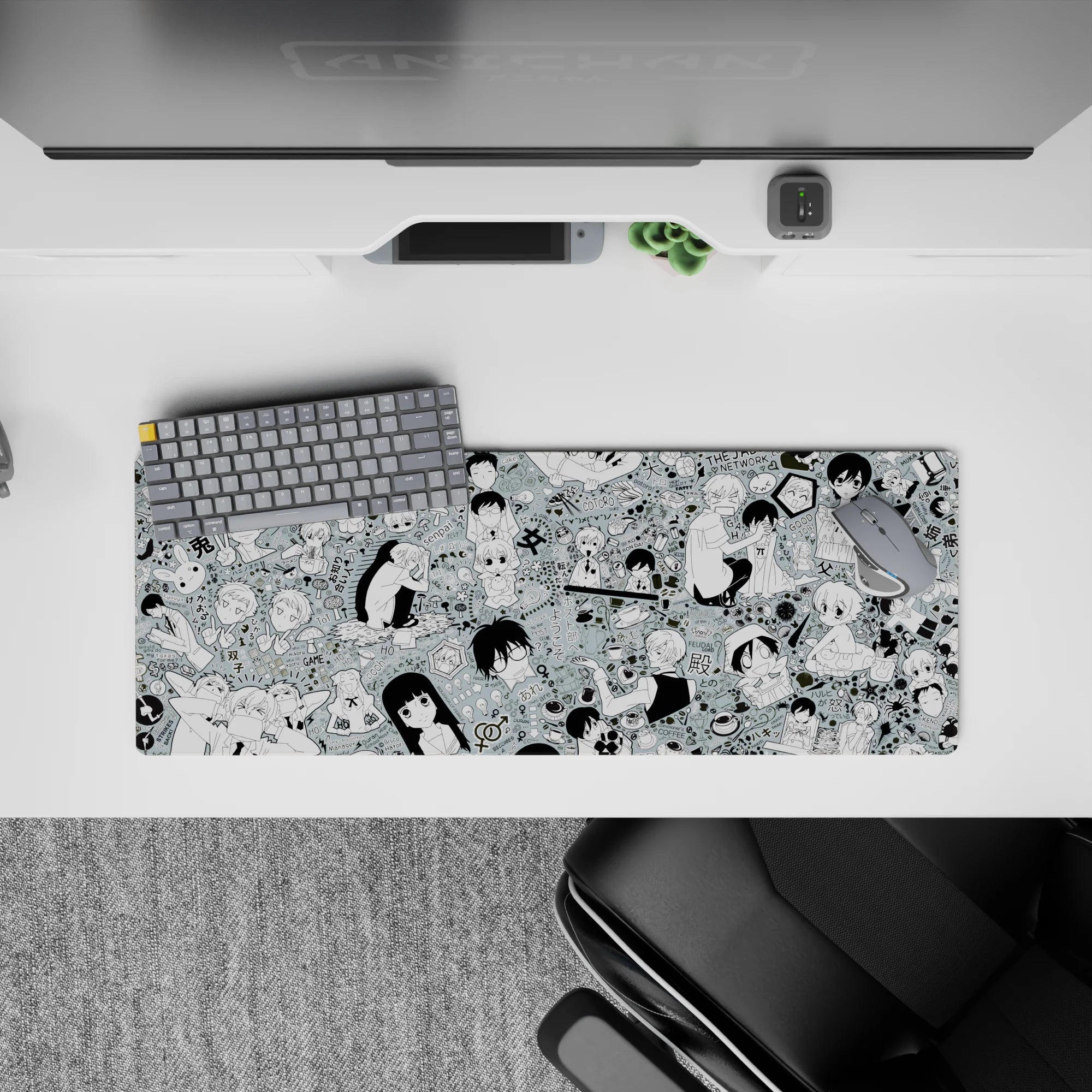 Mint gray anime mouse pad 32x12 inches with crisp black line art, café snacks, playful comedy vibe.