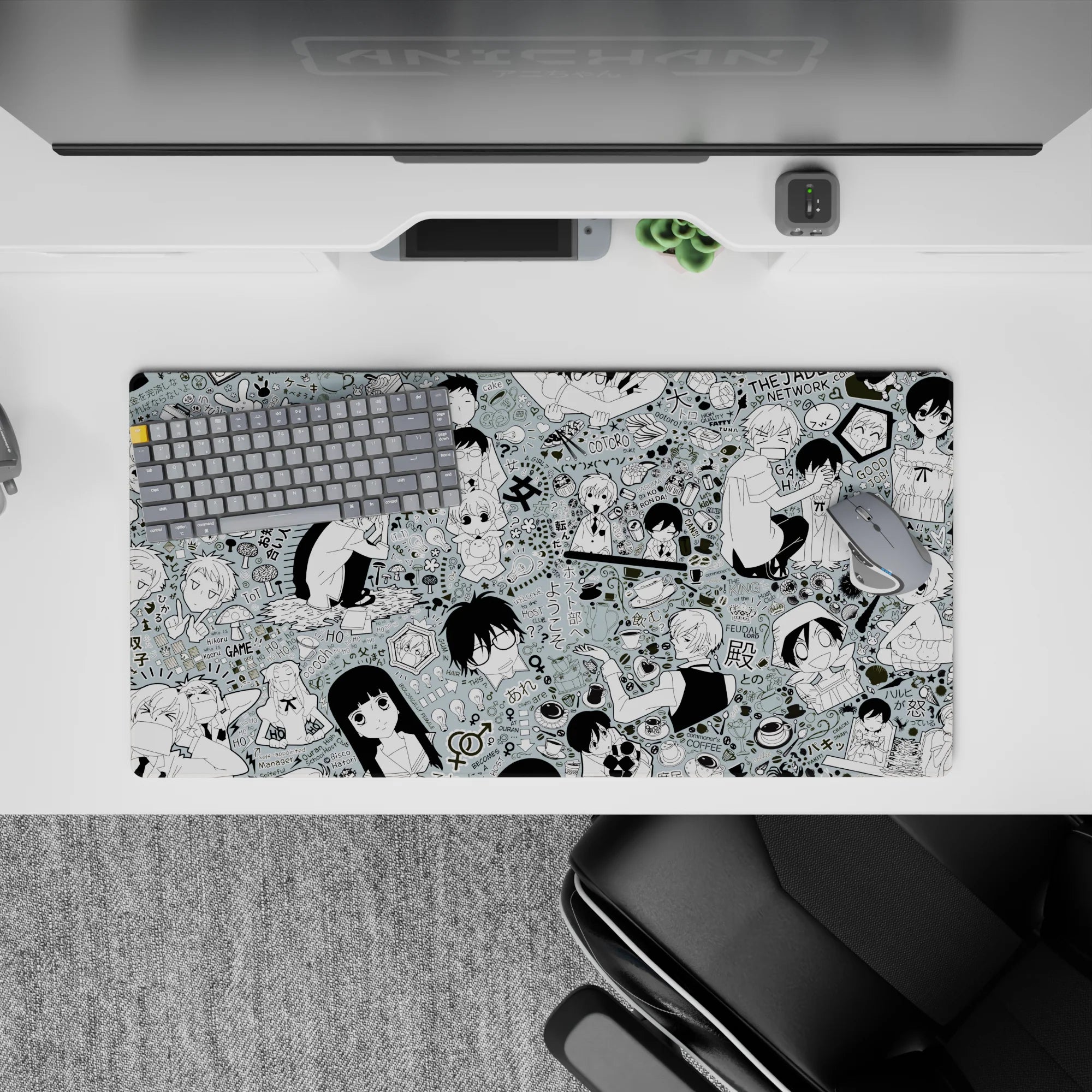 Mint gray background with crisp black line art, snacky café comedy vibe anime mouse pad, 32x16 inches.