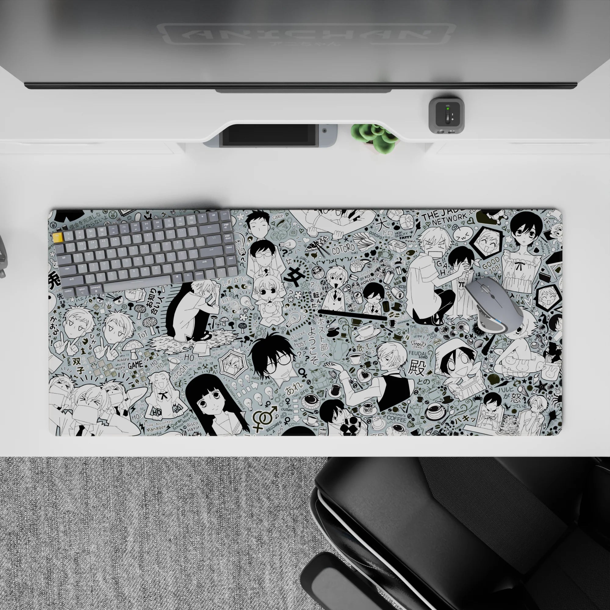 Mint gray anime desk pad 36x16 inches with bold black line art, chaotic-cute café comedy vibe.
