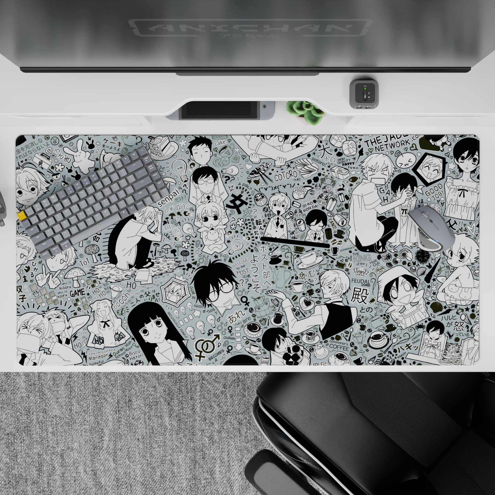 Mint gray anime desk pad 40x20 inches with crisp black line art, playful café vibes and comedy.
